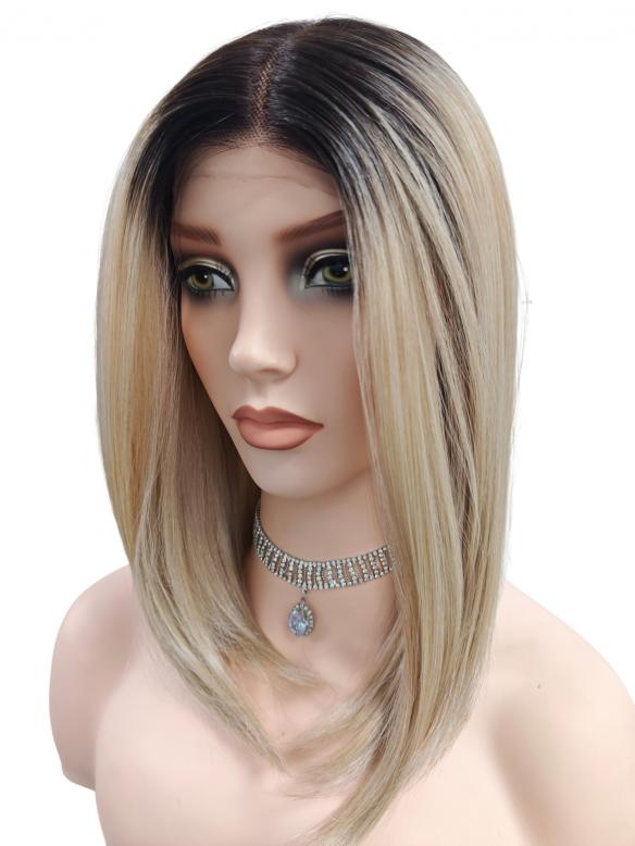 Schulterlange synthetische Perücke mit schwarzem Ansatz und blondem Ombre mit grünlichem Schimmer (Lace Part) DLP004