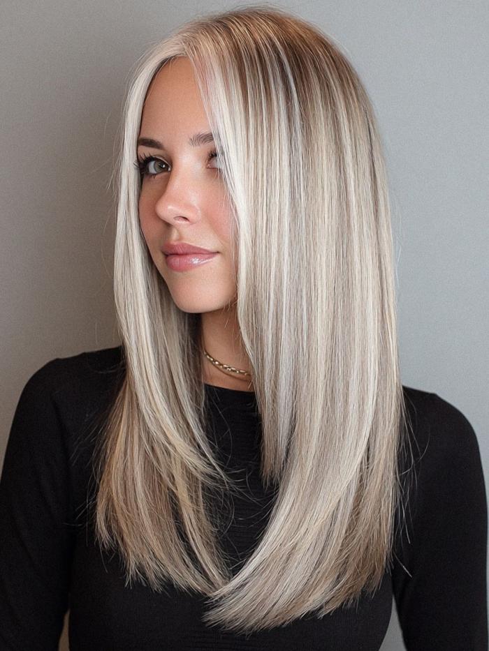 Glatte Echthaar Perücke in Blond mit dunkelem Haaransatz EH034