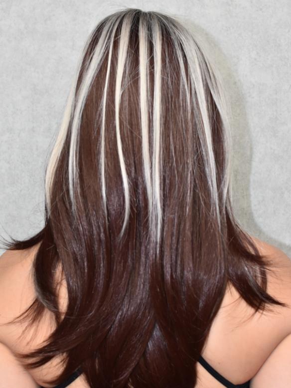 Glatte synthetische Perücke in DunkelRotBraun Mix Weißblond (Lace Part) DLP053