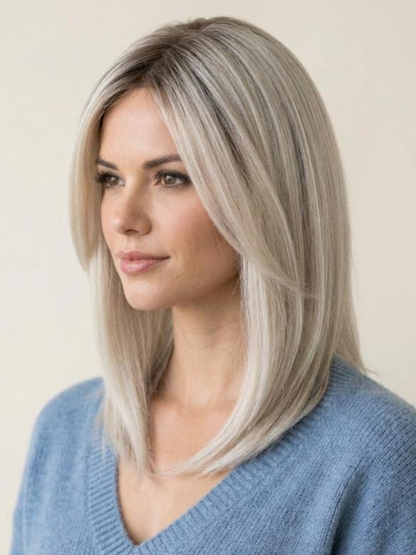 Mittellange Kunsthaarperücke in Platinblond mit Dunklem Ansatz (Lace Front) DLP061