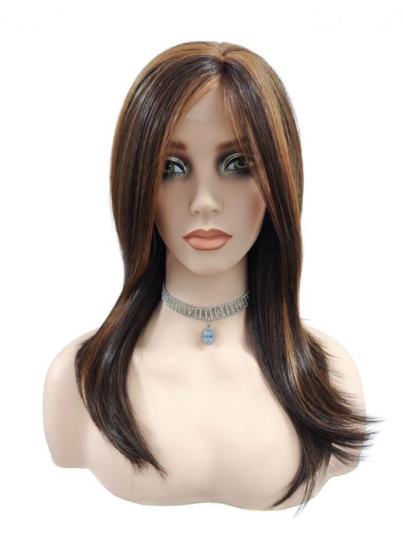 Lange glatte synthetische Perücke in warmem Braun mit auffälligen goldblonden Strähnen (Lace Part) DLP022
