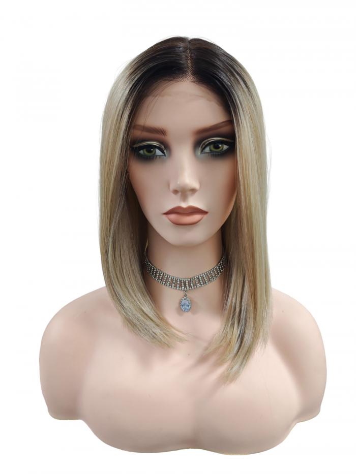 Schulterlange synthetische Perücke mit schwarzem Ansatz und blondem Ombre mit grünlichem Schimmer (Lace Part) DLP004