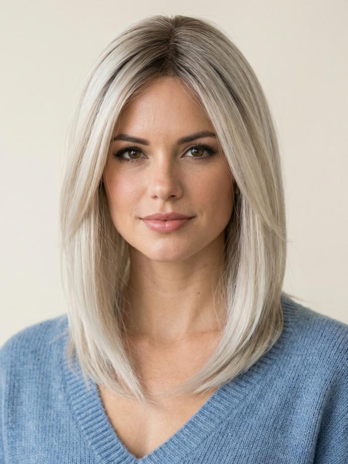 Mittellange Kunsthaarperücke in Platinblond mit Dunklem Ansatz (Lace Front) DLP061