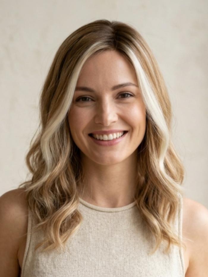 Leicht gewellte Kunsthaarperücke mit Seitenscheitel – Blond-Hellorange gemischt vorne (Lace Front) DLP058