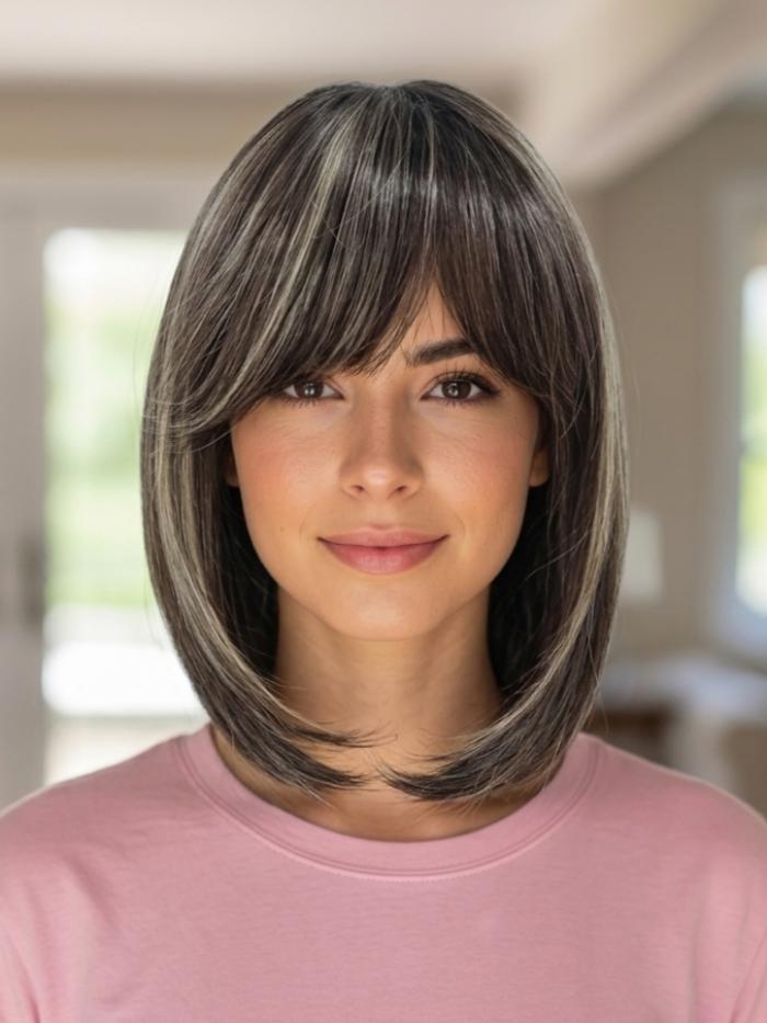 Synthetische Perücke in Kastanienbraun mit blonden Highlights und Pony (Lace Part) DLP050