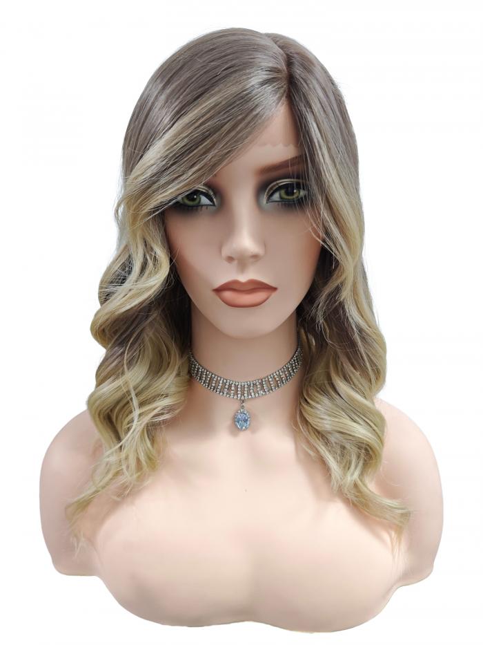 Elegante Ombre-Perücke in Aschbraun zu Blond mit weichen Wellen (Lace Part) DLP043