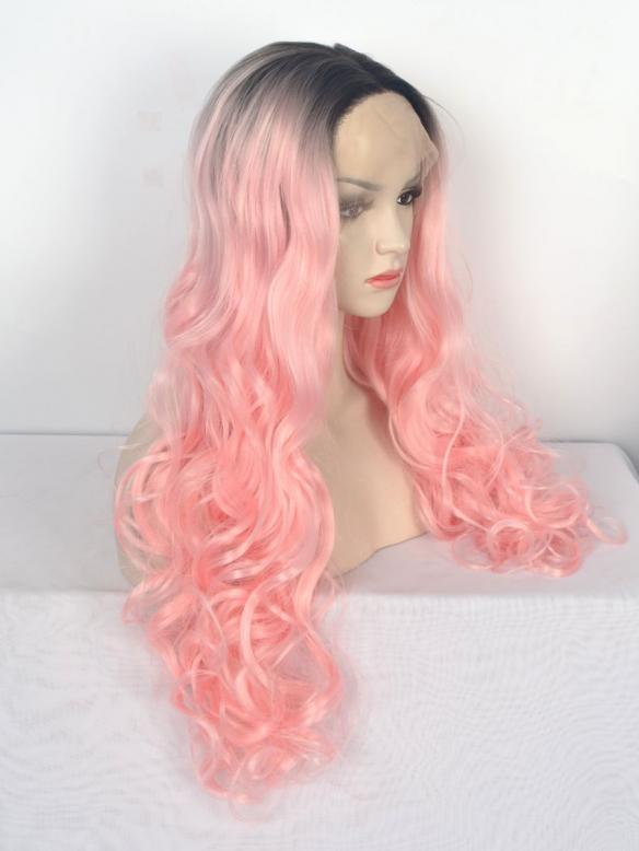 Schwarz nach Rosa Bouncy wellige lange Lace Front synthetische Perücke SNY104