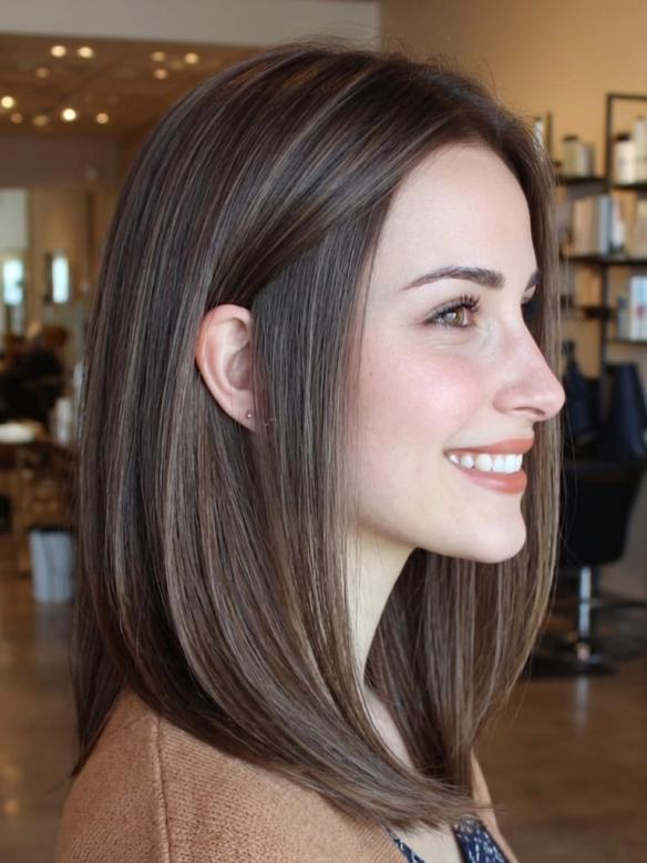 Echthaar Natürlich Braun Glatt Perücke Mittellange Echthaarperücke EH058