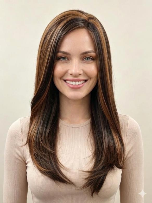 Lange glatte Kunsthaarperücke – Warmbraun mit auffälligen goldblonden Strähnen (Lace Front) DLP022