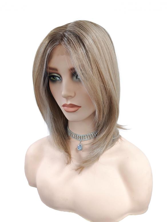 Gewellte synthetische-Perücke im Weißblond/Hellhonigblond Mix mit zwei platinblonden Strähnen vorne (Lace Part) DLP052