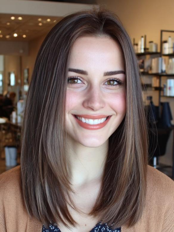 Echthaar Natürlich Braun Glatt Perücke Mittellange Echthaarperücke EH058