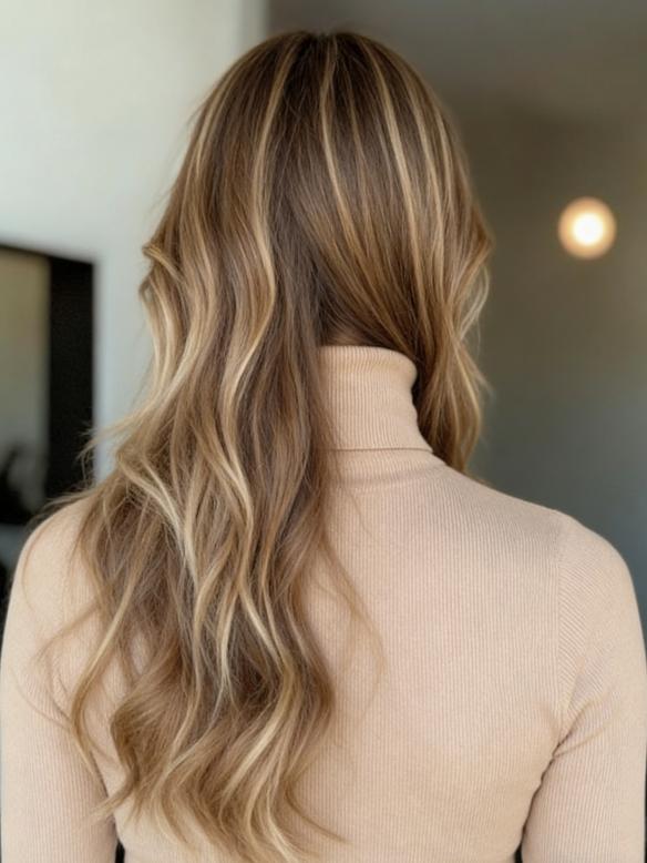 Gewellte braune Echthaarperücke mit sandblonden Highlights und Pony EH005