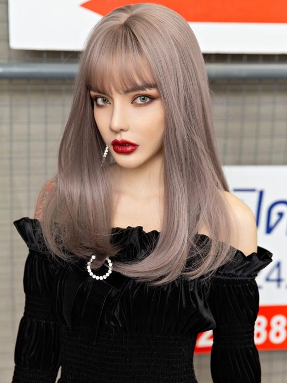 Graue Lange Glatte Sythetische Gewebted Netzkappe Perücke LG108