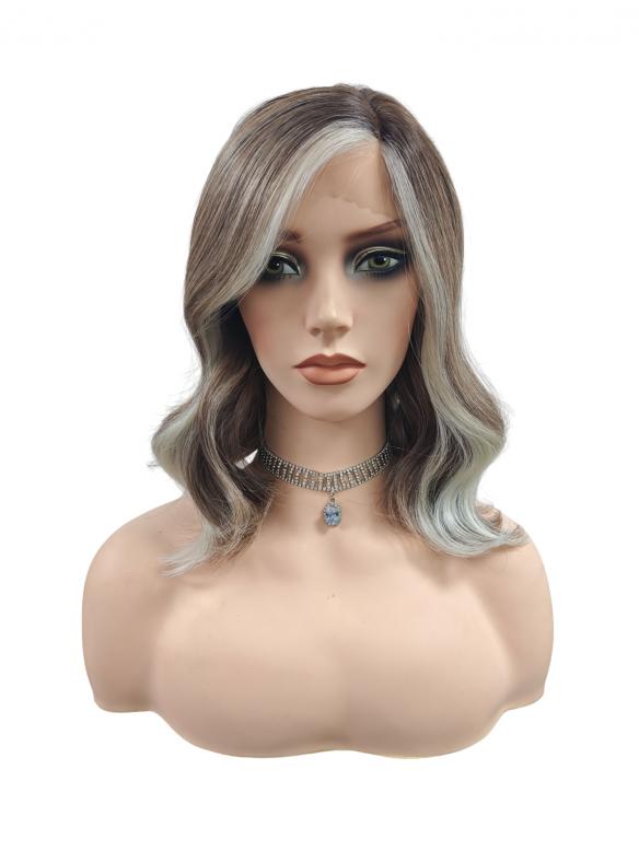 Gewellte Synthetische-Perücke im Weißblond/Hellhonigblond/Braun-Mix mit zwei platinblonden Strähnen vorne (Lace Part)  DLP051