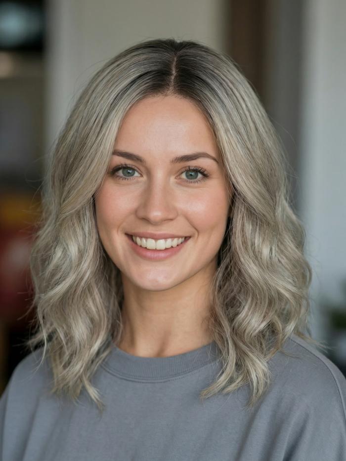 35 cm Lange Kunsthaarperücke in Grau und Hellblond mit Dunklem Ansatz (Lace Front) DLP063