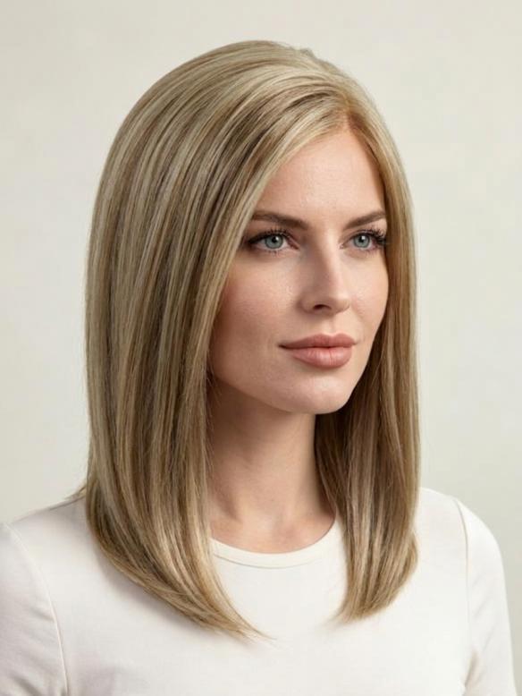 Faszinierende schulterlange Kunsthaarperücke – Blond aus hochwertigem Synthetik (Lace Front) DLP021