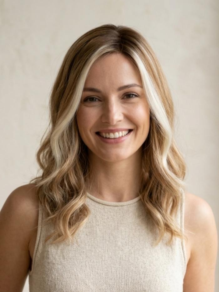 Leicht gewellte Kunsthaarperücke mit Seitenscheitel – Blond-Hellorange gemischt vorne (Lace Front) DLP058