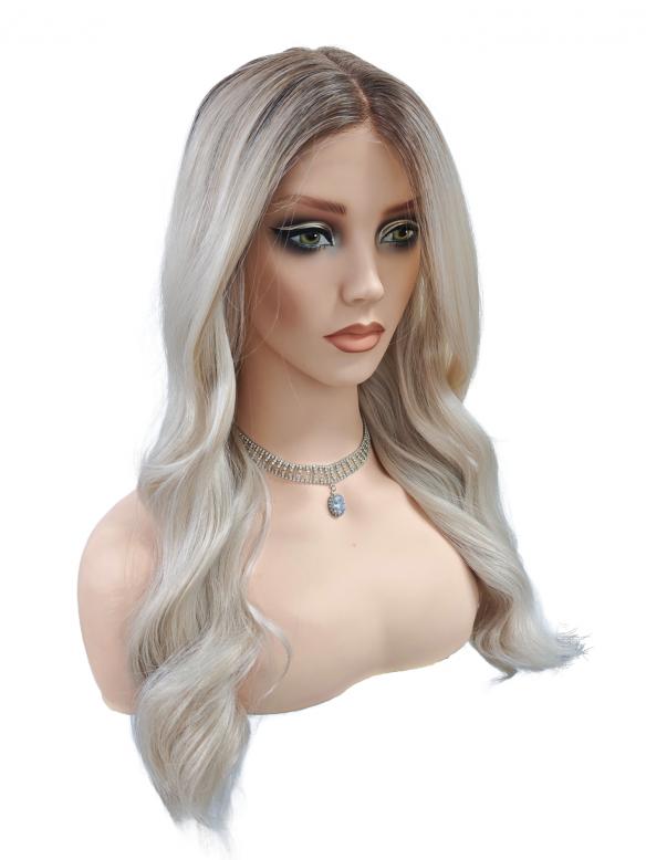 Extra lange Kunsthaarperücke in Platinblond mit Großen Wellen (Lace Front) DLP065