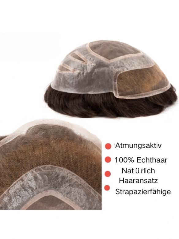 Schwarz Lace-Front & Mono-Top 100% Echthaar Atmungsaktive Toupee DTP003
