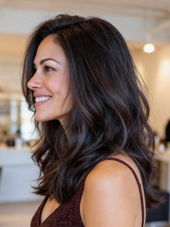 Luxus Echthaar Perücke Damen Schwarz Mittel lang Handgefertigte Perücke EH052