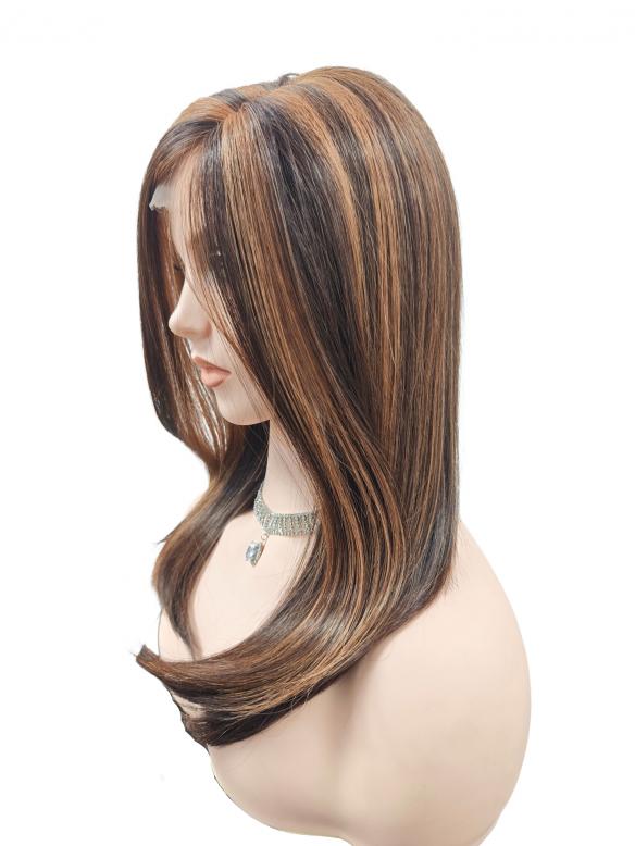 Lange glatte Kunsthaarperücke – Warmbraun mit auffälligen goldblonden Strähnen (Lace Front) DLP022