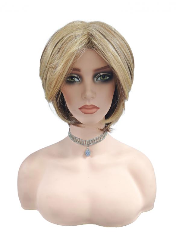 Mittelbraune Basis mit kräftigen hellblonden Strähnen Syntherische Perücke (Basis Kappe) DBK011