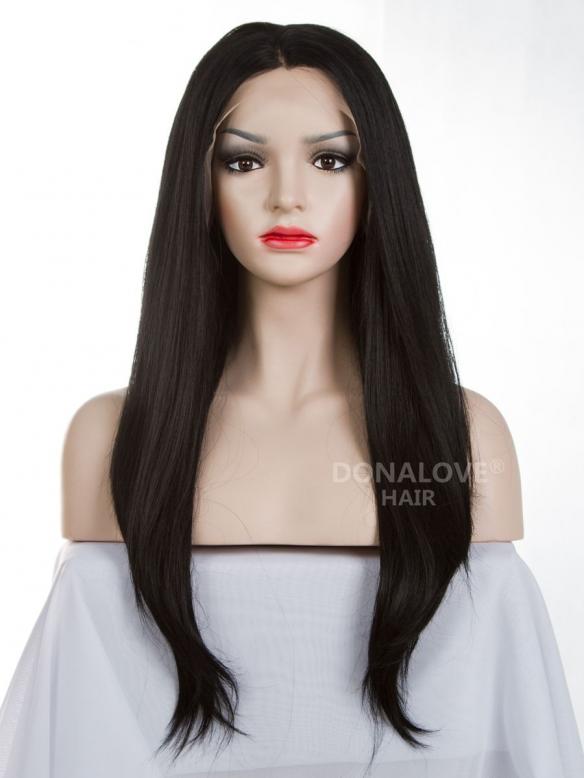 Natürlich Schwarz Hüftlänge Gerade Synthetische Lace Perücke-SNY019
