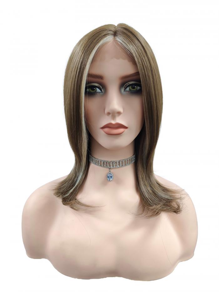 Synthetische Perücke in leinenbraun mit platinblonden Highlights vorne (Lace Part) DLP032