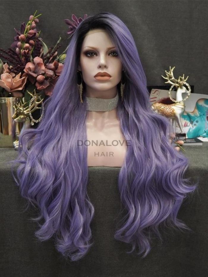 Lila-Ombre Lange Wellige Synthetische Lace Front Perücke SNY328