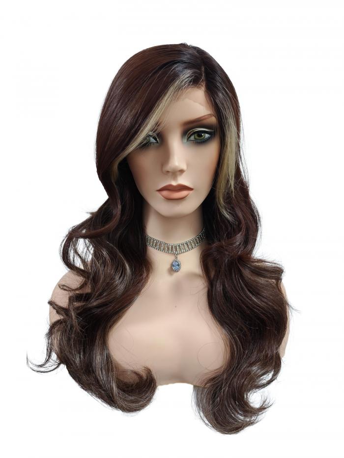 Gewellte Kunsthaarperücke links gescheitelt rotbraun blonde Strähnen vorne (Lace Part) DLP059