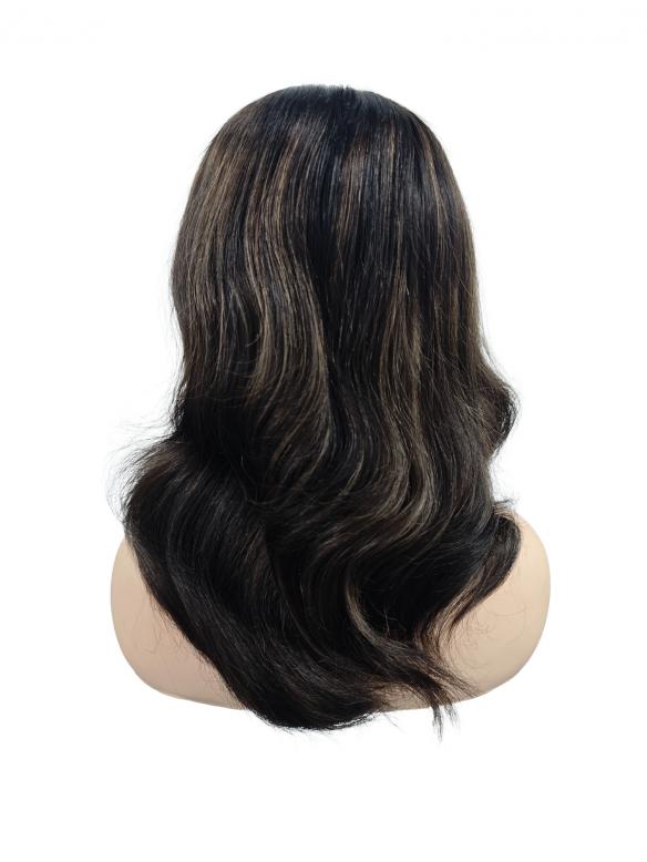 Gewellte Echthaar Perücke in Denkelbraun mit Highlights EH022