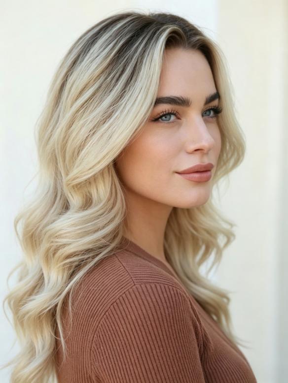 100% Echthaar Blond Perücke Natürliche Lose Welle Lange Lockenperücke für den Alltag EH053