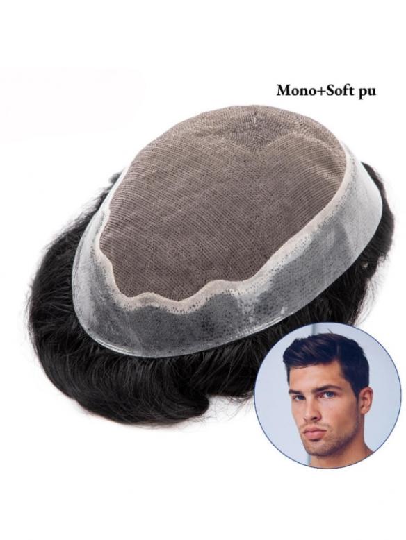 Schwarz Mono & Weich-PU atmungsaktiv Toupee DTP004