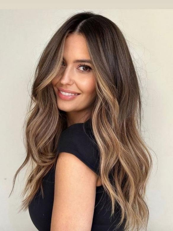 Balayage Braun Blond Echthaarperücke Lang Wellig Natürliche Haare für Damen EH067