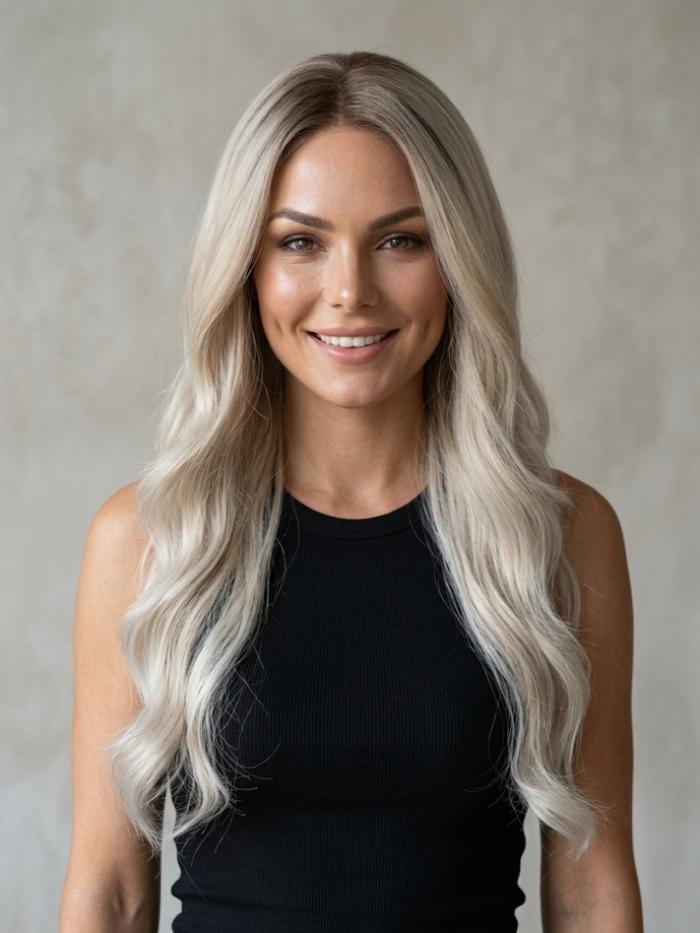 Extra lange Kunsthaarperücke in Platinblond mit Großen Wellen (Lace Front) DLP065