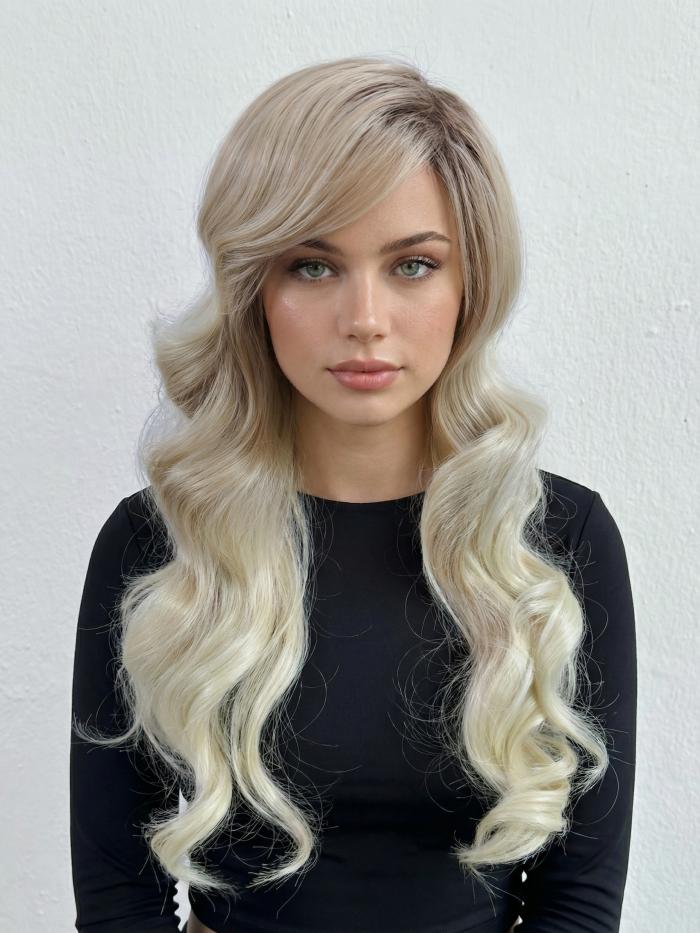 Blond Ombre Kunsthaarperücke mit Pony – Natürlich, Stilvoll & Synthetisch (Standard Kappe) DBK022