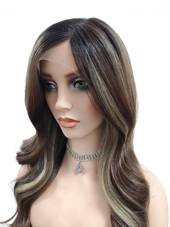 Lange wellige synthetische Perücke in Braun mit honigblonden Highlights (Lace Part) DLP015