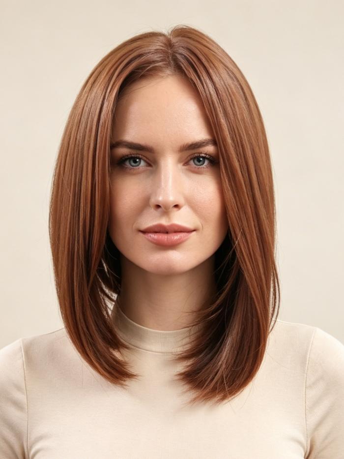 Kunsthaarperücke – Seidiges glattes rotes Haar mit längeren Seitenpartien und kürzerem Hinterkopf (Lace Front) DLP035