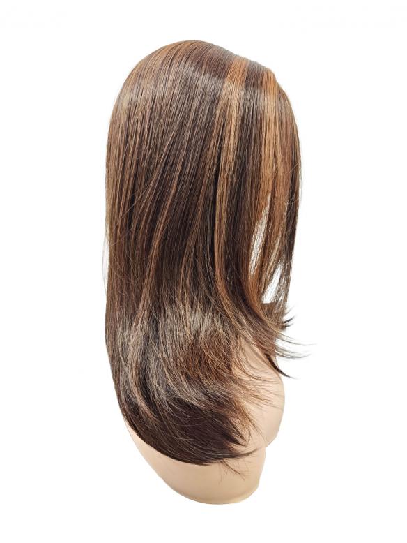 Lange glatte Kunsthaarperücke – Warmbraun mit auffälligen goldblonden Strähnen (Lace Front) DLP022