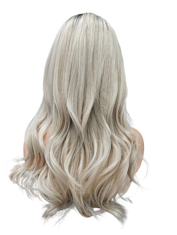 Wellige Kunsthaarperücke in Platinblond mit dunklem Ansatz und Seitenscheitel (Pre-Cut Lace) DLP073