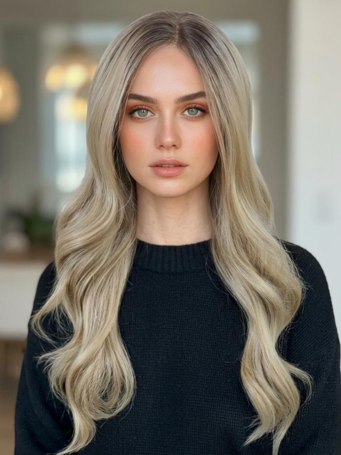 65 cm Lange Goldene Wellenperücke – Traumhaft fließende Synthetikhaare für glamourösen Look (Lace Front) DLP060