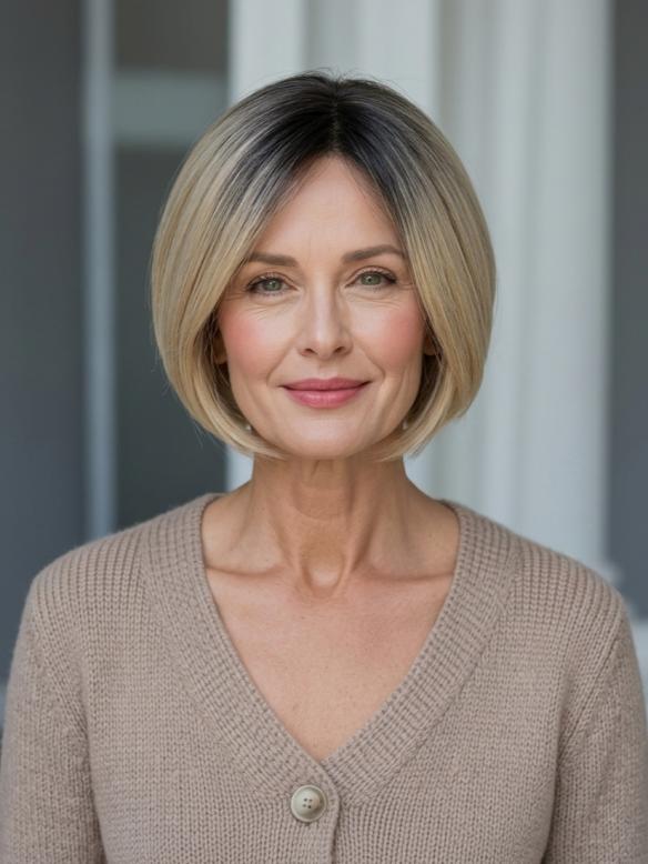 Bob Kunsthaarperücke mit braunen Wurzeln und Ombre-Übergang zu hellem Blond (Lace Front & Mono Top) DMT004