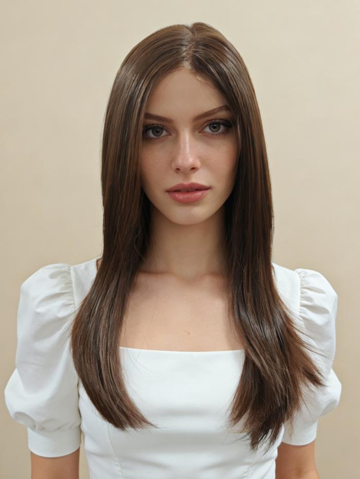 Dunkelbraune glatte Kunsthaarperücke (Lace Front) DLP005