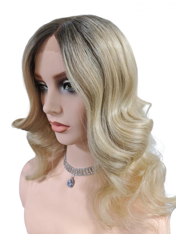 Elegante mittellange gewellte blonde synthetische Perücke mit dunklem Ansatz (Lace Part) DLP034