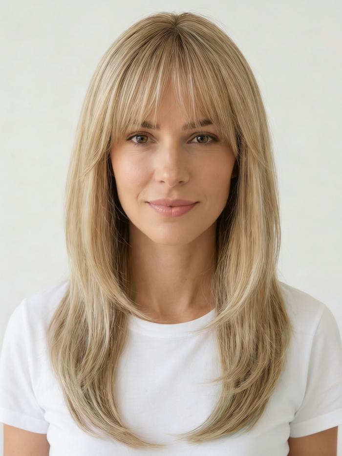 50 cm Lange Kunsthaarperücke in Gold mit Luftigen Pony und Schickem Design (Lace Part) DLP062