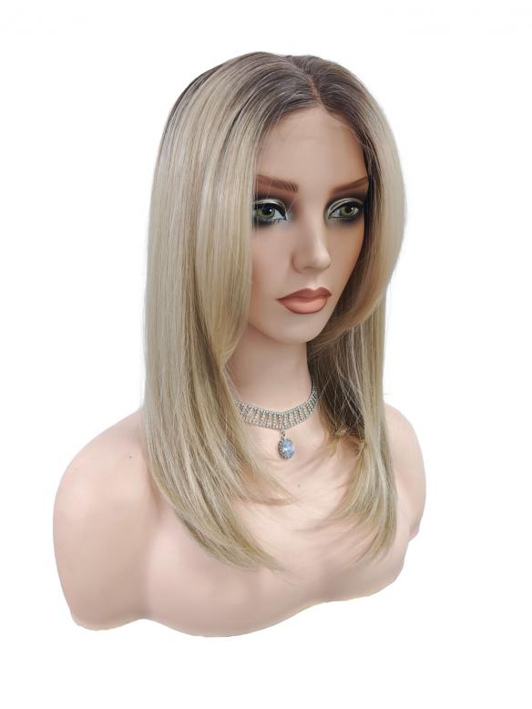 Blonde Kunsthaar Perücke mit dunklem Ansatz – Glatte synthetische Perücke (Lace Front) DLP066