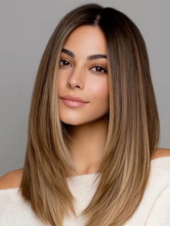 Echthaar Perücke Damen Braun Mittel lang Natürliche Ombre Perücke mit Spitzen 100% Remy Echthaar EH049