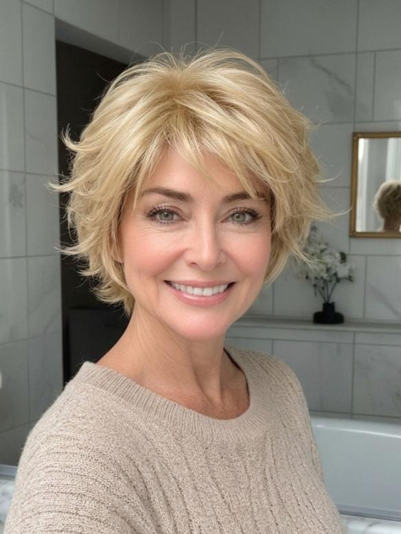 Kunsthaarperücke in Blond mit Sanften Wellen und Stufen (Basic Cap) DBK006