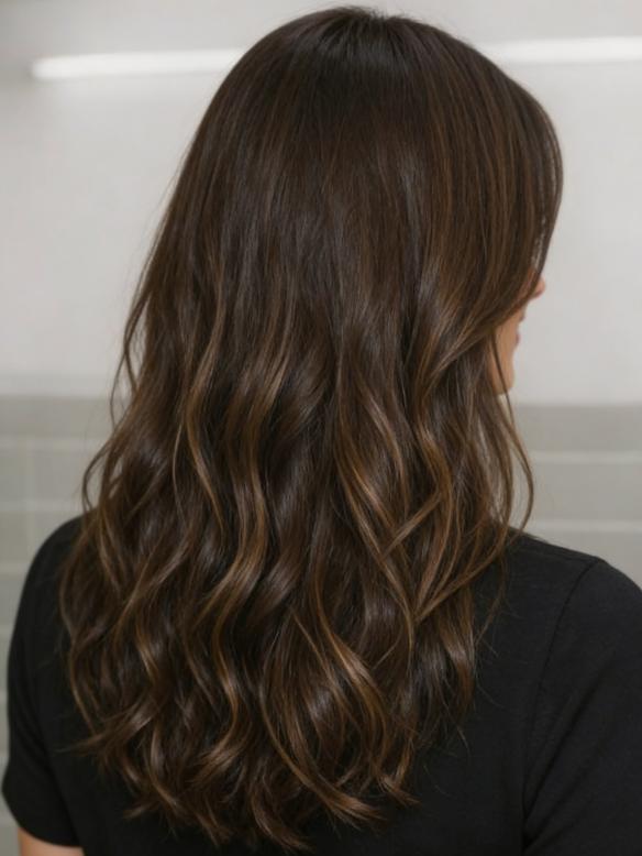 Warmbraune Wellen Perücke mit natürlichen Highlights – Alltagstauglich & edel EH044