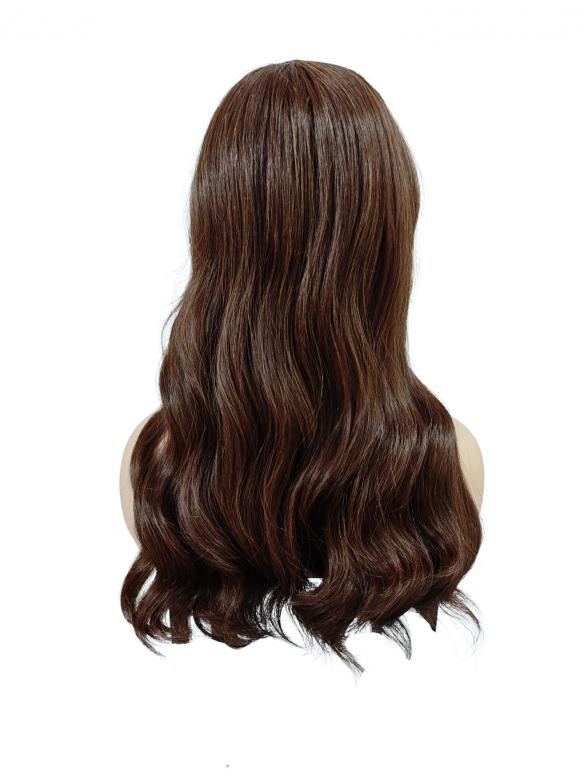 Linker Scheitel Kunsthaarperücke in Tiefbraun mit Goldblonden Strähnen und Locken (Lace Front) DLP064